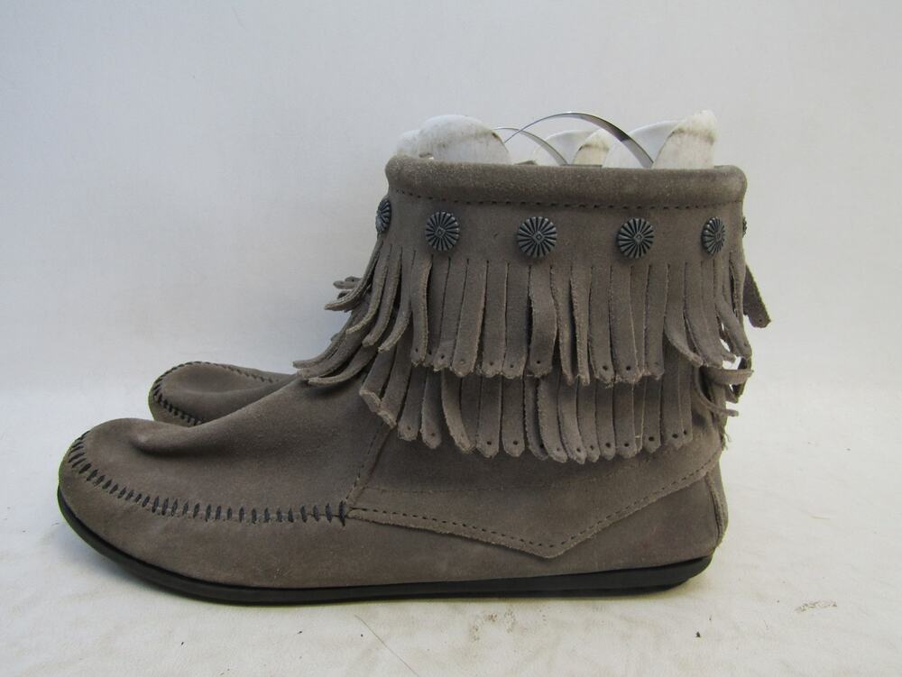 Minnetonka Womens Size 9.5 Gray Suede Fringe Ankle Moccasins Bootie